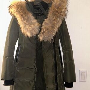 Mackage Green and Brown Puffer Jacket with Fur Trim